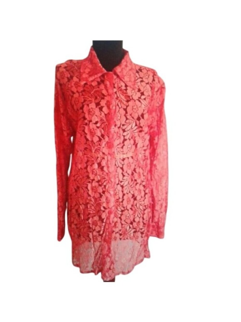 Red Sheer Floral Lace Button-Up Long Sleeve Shirt By Lola Lola Size S